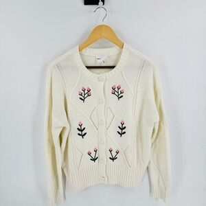 Willow & Wind Knit Pointelle Embroidered Floral Cardigan Size S Feminine Cottage